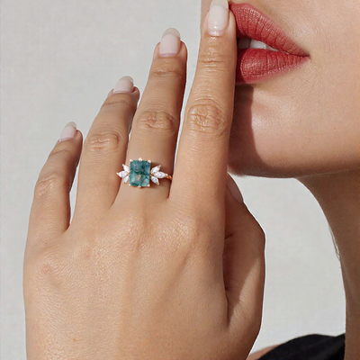 Emerald Cut Moissanite/Moss Agate Engagement Rings In Sterling Silver