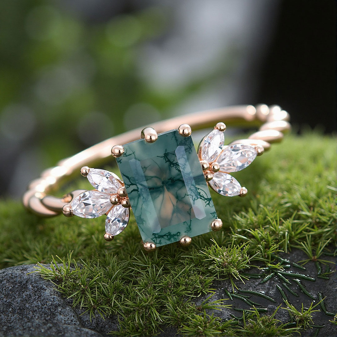 Emerald Cut Moissanite/Moss Agate Engagement Rings In Sterling Silver