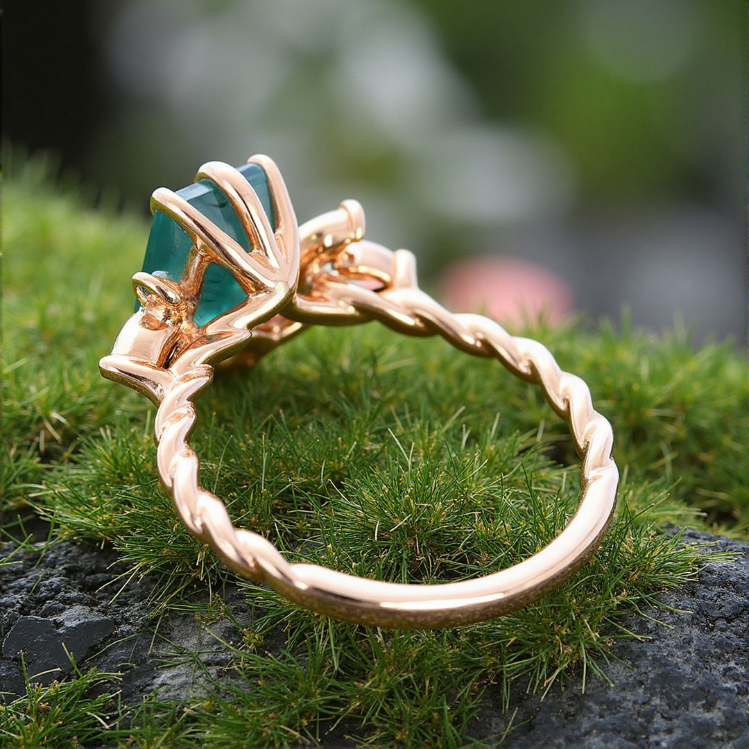 Emerald Cut Moissanite/Moss Agate Engagement Rings In Sterling Silver