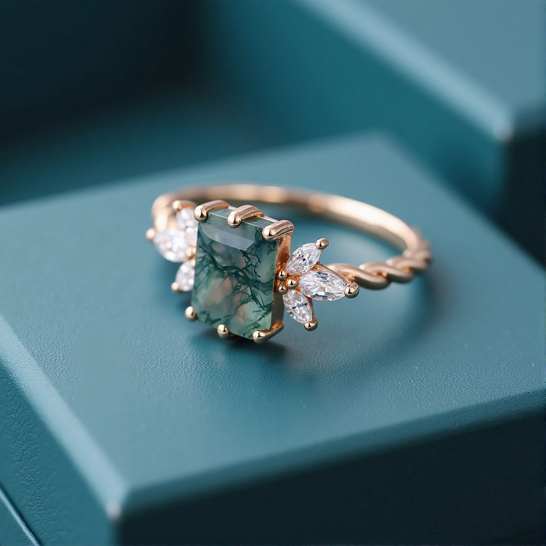 Emerald Cut Moissanite/Moss Agate Engagement Rings In Sterling Silver