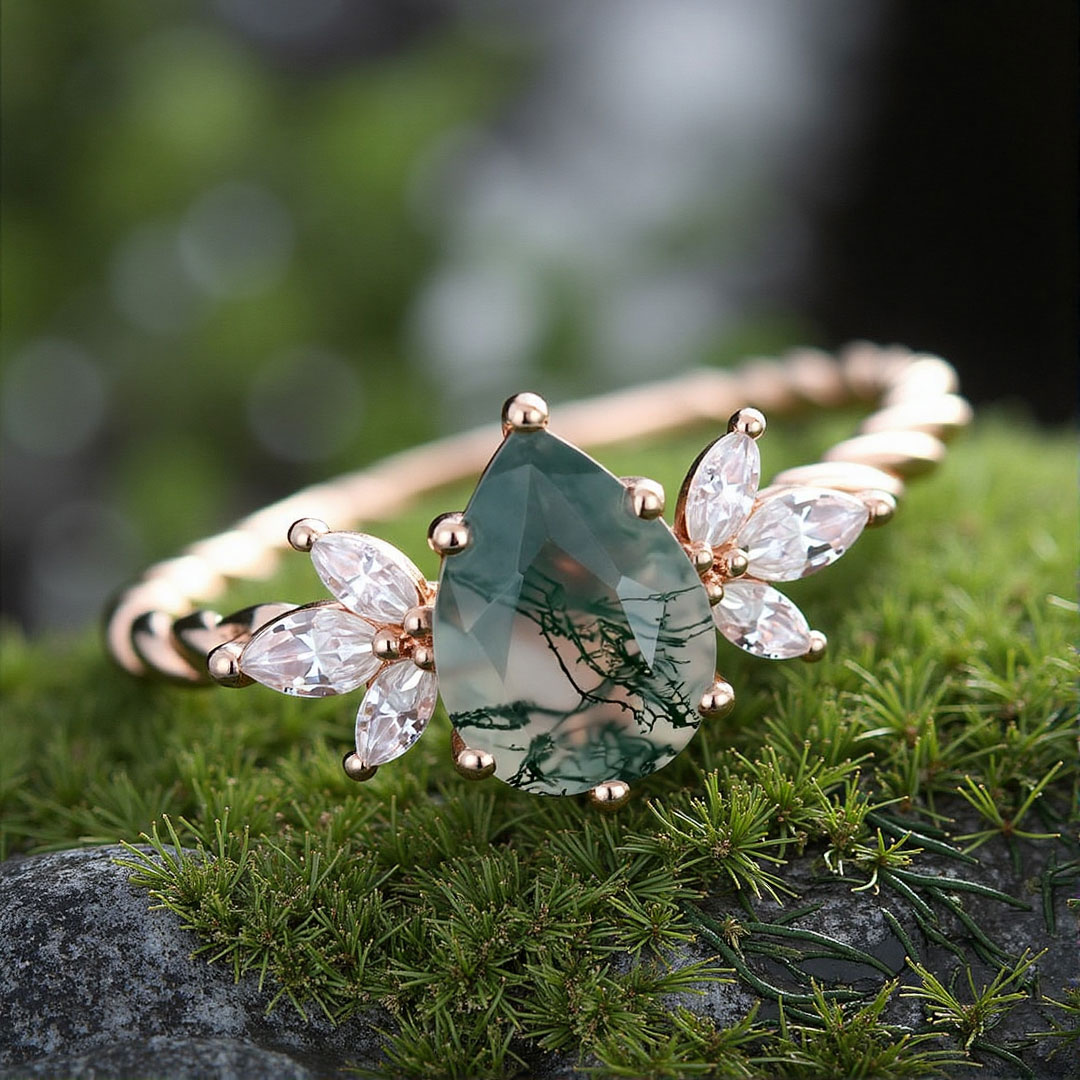 Pear Cut Moissanite/Moss Agate Engagement Rings In Sterling Silver