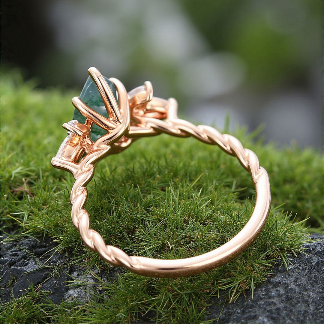 Pear Cut Moissanite/Moss Agate Engagement Rings In Sterling Silver