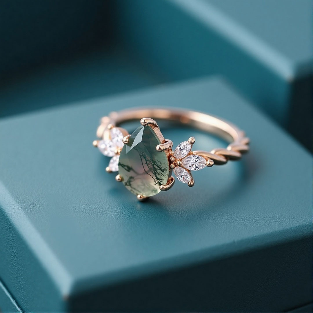 Pear Cut Moissanite/Moss Agate Engagement Rings In Sterling Silver