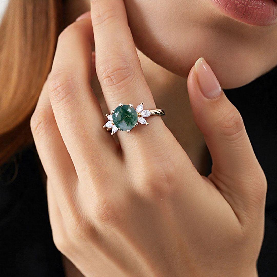 Round Cut Moissanite/Moss Agate Engagement Rings In Sterling Silver