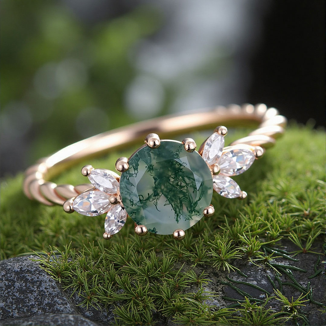 Round Cut Moissanite/Moss Agate Engagement Rings In Sterling Silver