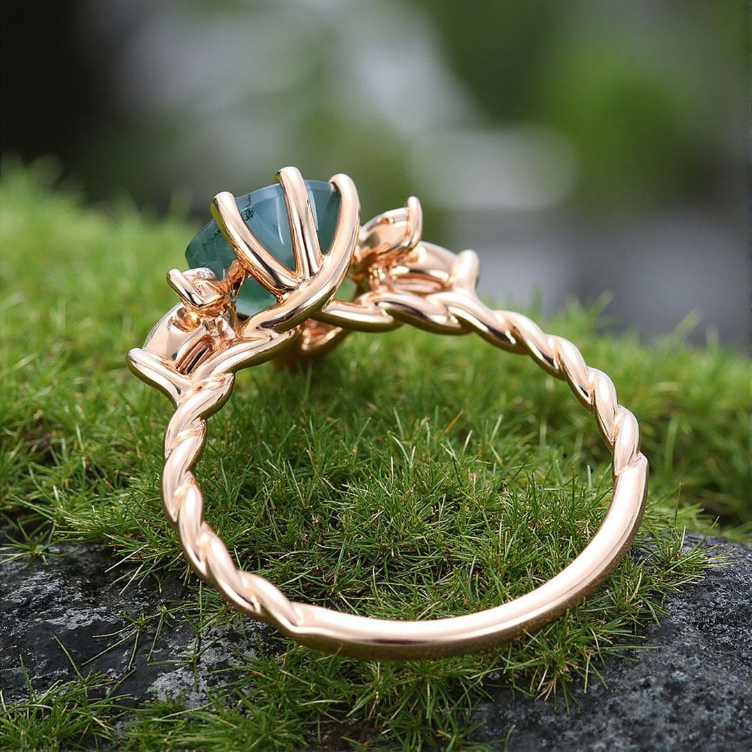 Round Cut Moissanite/Moss Agate Engagement Rings In Sterling Silver