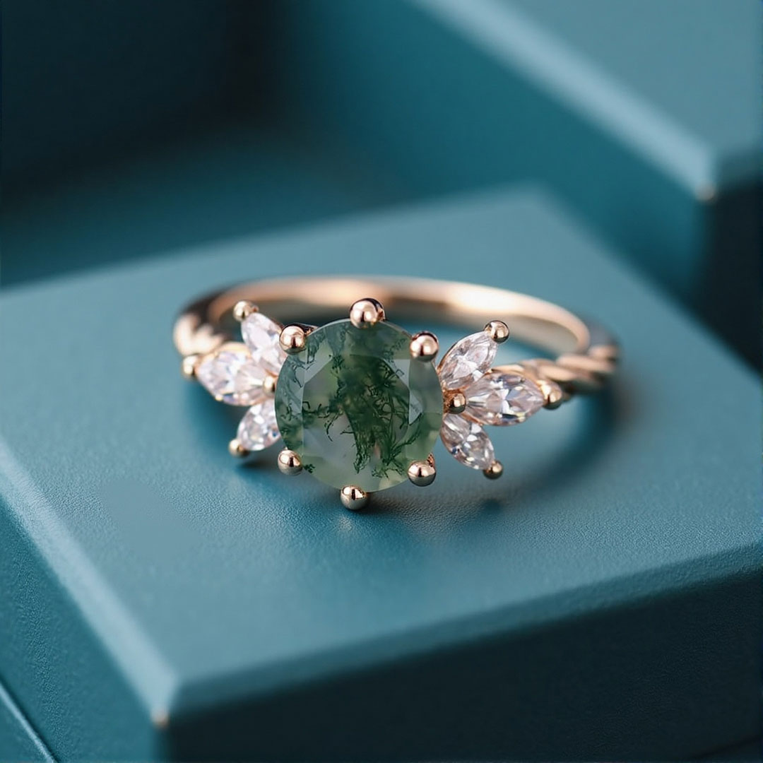 Round Cut Moissanite/Moss Agate Engagement Rings In Sterling Silver