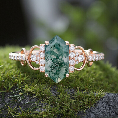 Long Hexagon Moissanite/Moss Agate Engagement Rings In Sterling Silver