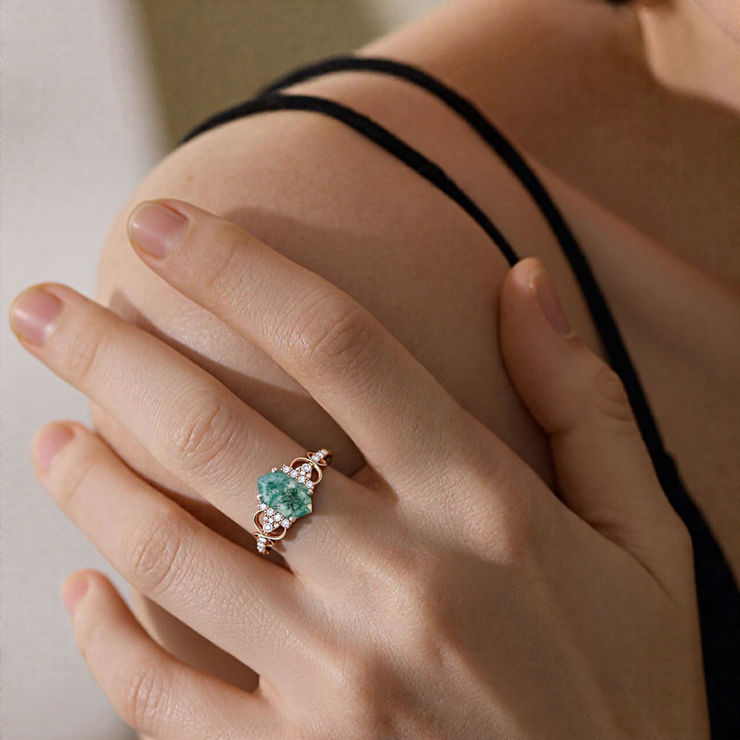 Long Hexagon Moissanite/Moss Agate Engagement Rings In Sterling Silver