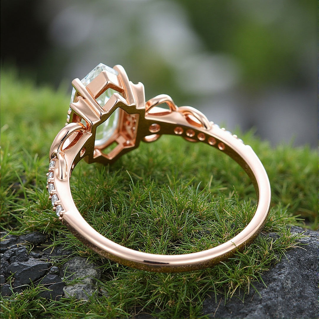 Long Hexagon Moissanite/Moss Agate Engagement Rings In Sterling Silver