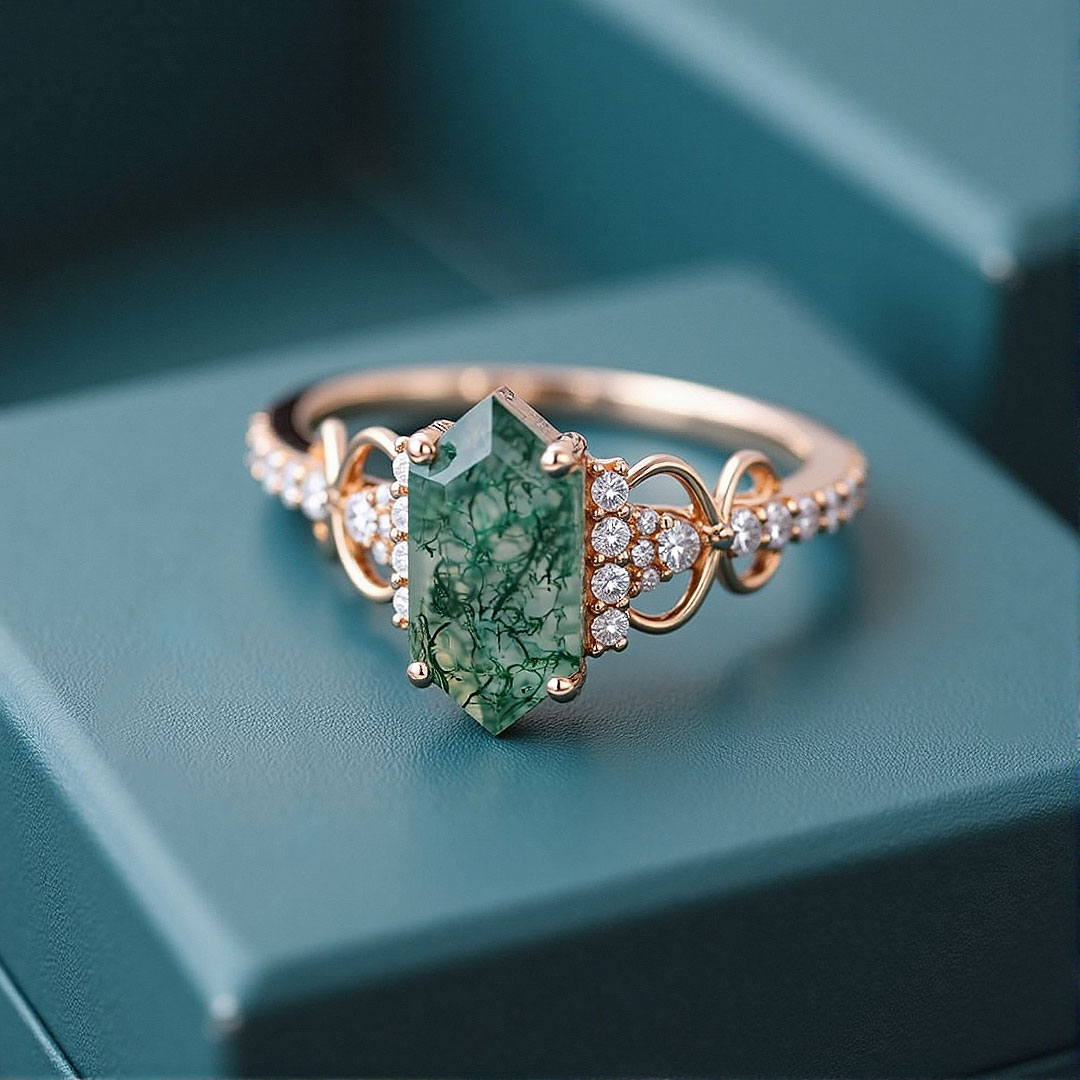 Long Hexagon Moissanite/Moss Agate Engagement Rings In Sterling Silver