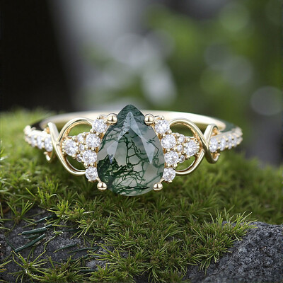 Pear Cut Moissanite/Moss Agate Engagement Rings In Sterling Silver