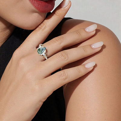 Pear Cut Moissanite/Moss Agate Engagement Rings In Sterling Silver