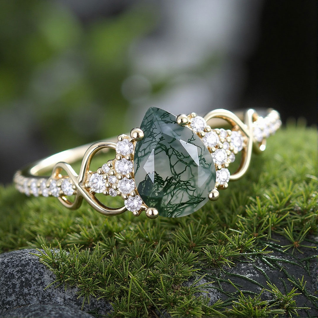 Pear Cut Moissanite/Moss Agate Engagement Rings In Sterling Silver