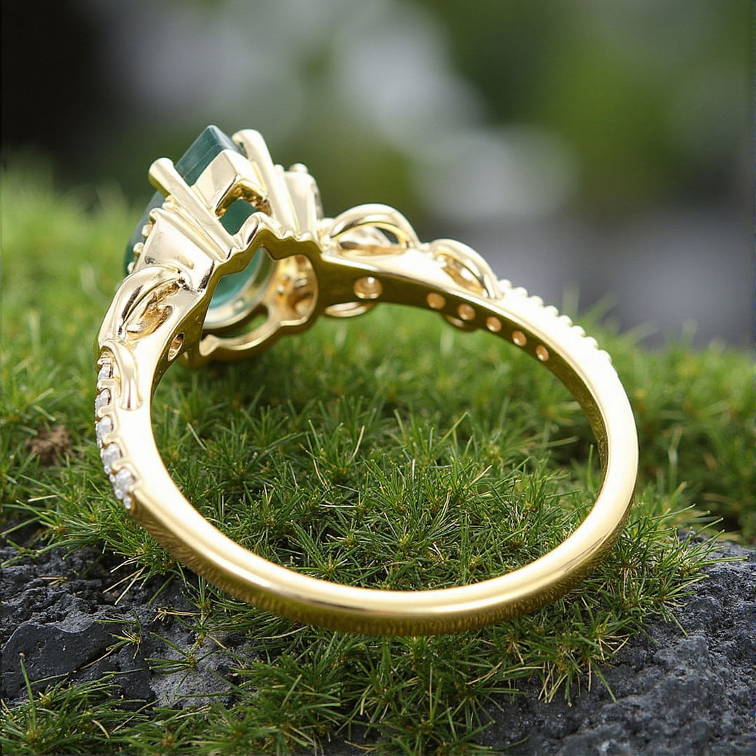 Pear Cut Moissanite/Moss Agate Engagement Rings In Sterling Silver