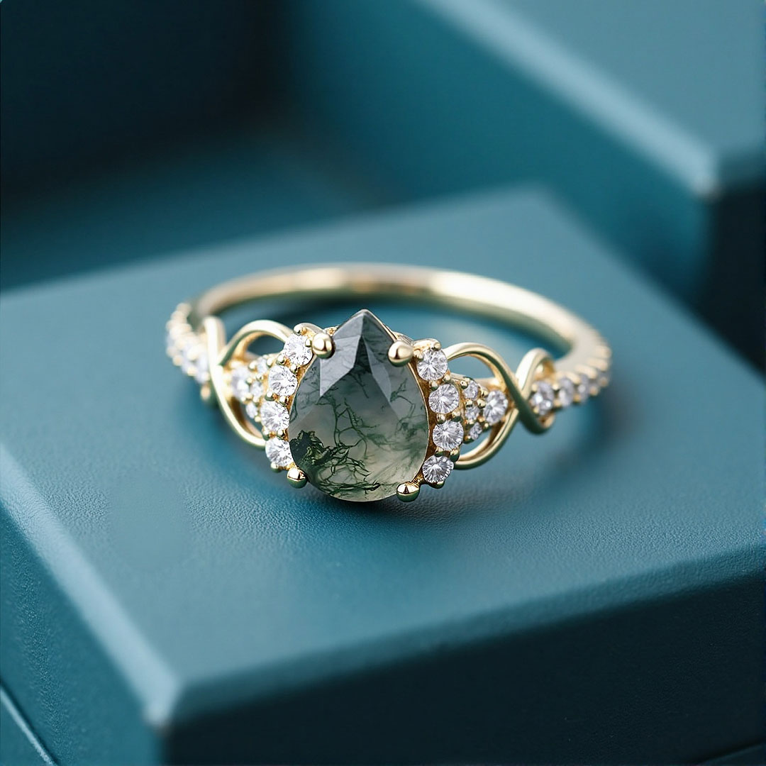 Pear Cut Moissanite/Moss Agate Engagement Rings In Sterling Silver