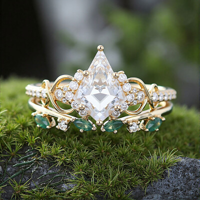 Kite Cut Moissanite/Moss Agate/Zircon Engagement Rings Sets In Sterling Silver