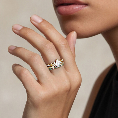Kite Cut Moissanite/Moss Agate/Zircon Engagement Rings Sets In Sterling Silver