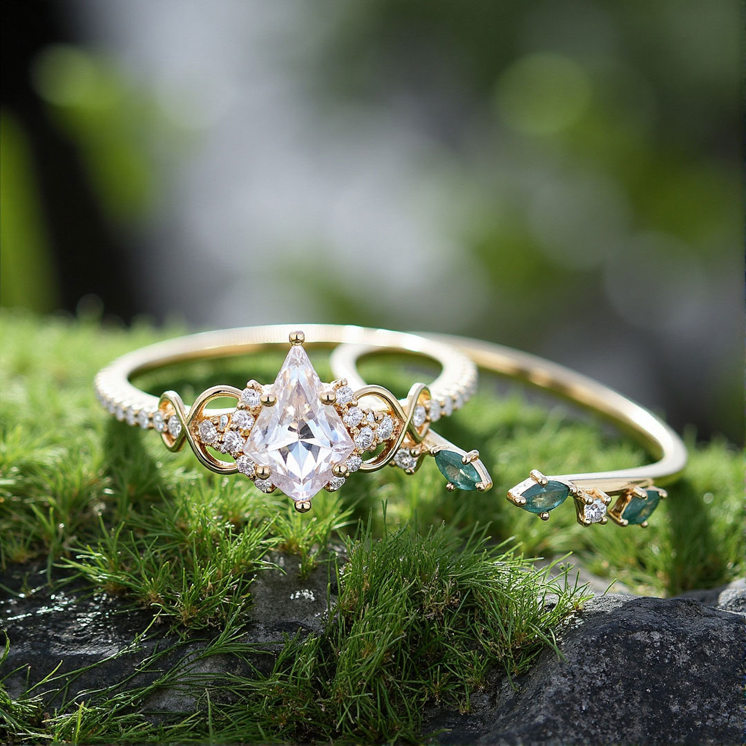 Kite Cut Moissanite/Moss Agate/Zircon Engagement Rings Sets In Sterling Silver