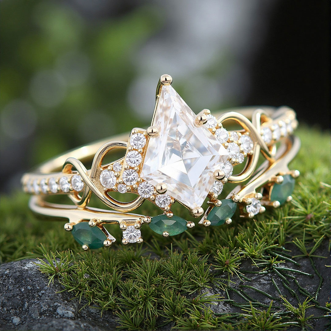 Kite Cut Moissanite/Moss Agate/Zircon Engagement Rings Sets In Sterling Silver