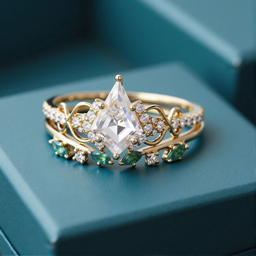 Kite Cut Moissanite/Moss Agate/Zircon Engagement Rings Sets In Sterling Silver