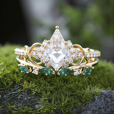 Kite Cut Moissanite/Moss Agate/Zircon Engagement Rings Sets In Sterling Silver