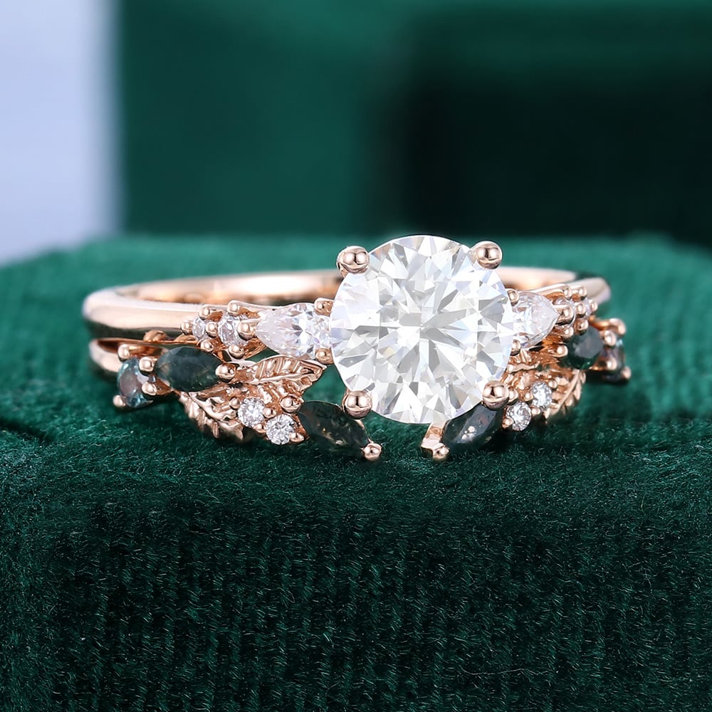 Round Cut Moissanite/Moss Agate/Zircon Engagement Rings In Sterling Silver