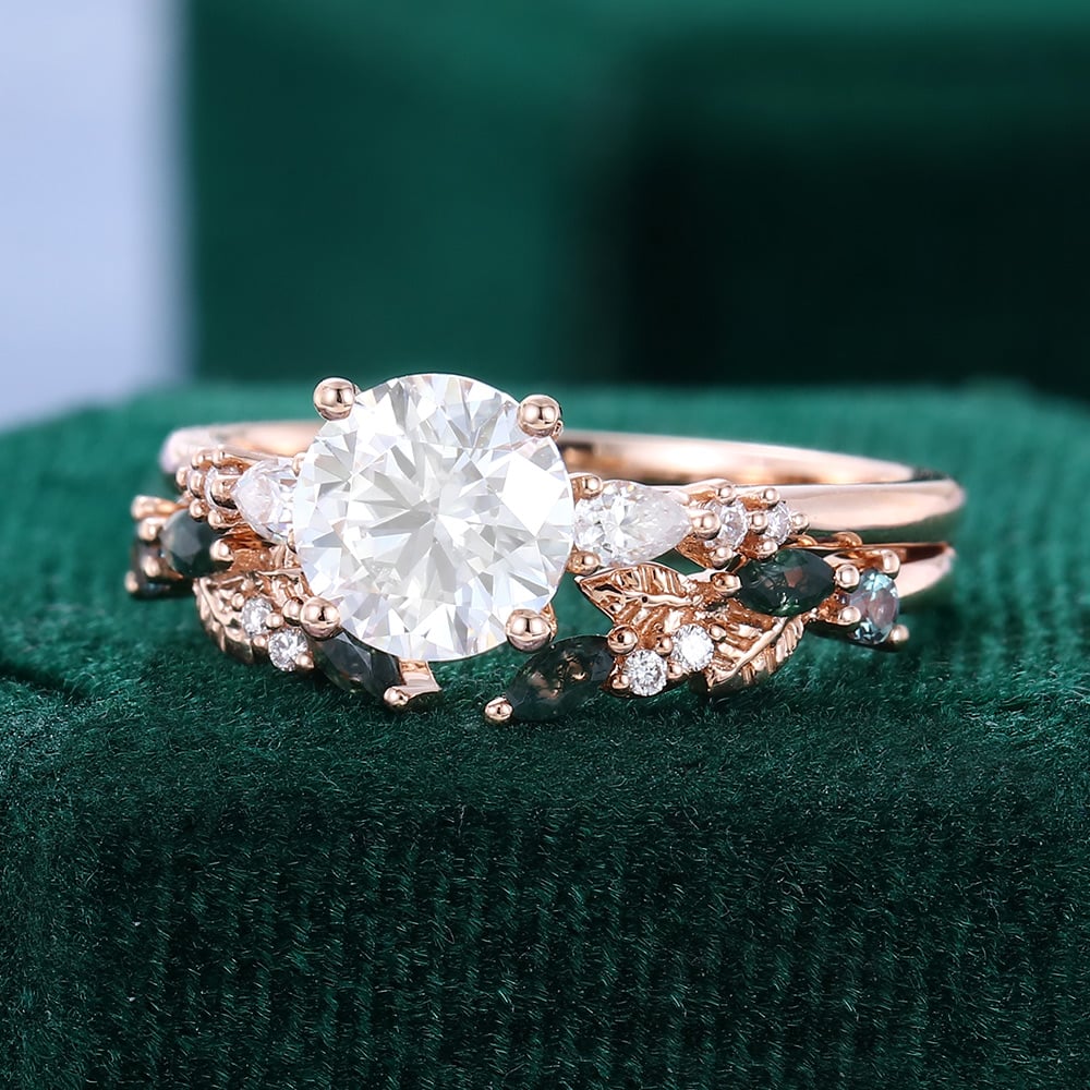 Round Cut Moissanite/Moss Agate/Zircon Engagement Rings In Sterling Silver