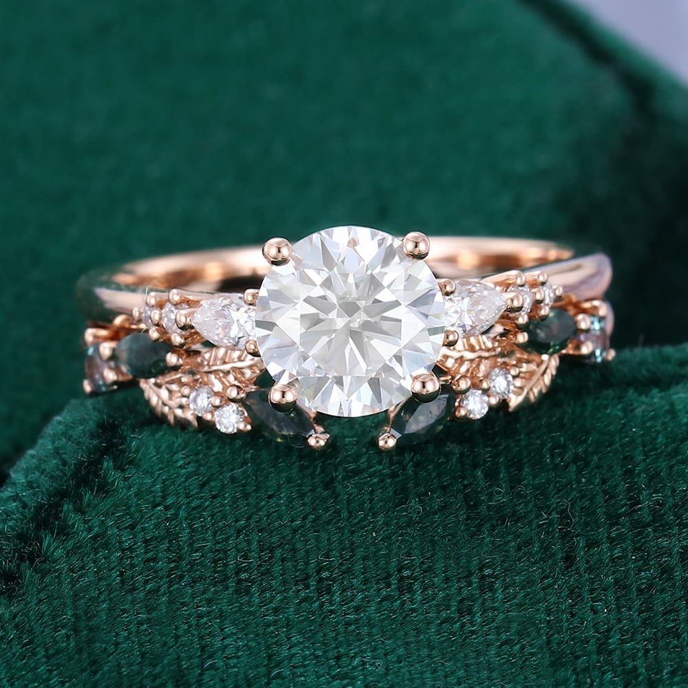 Round Cut Moissanite/Moss Agate/Zircon Engagement Rings In Sterling Silver