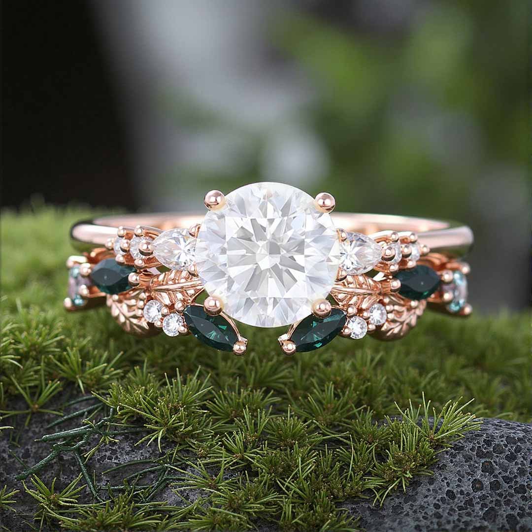 Round Cut Moissanite/Moss Agate/Zircon Engagement Rings In Sterling Silver