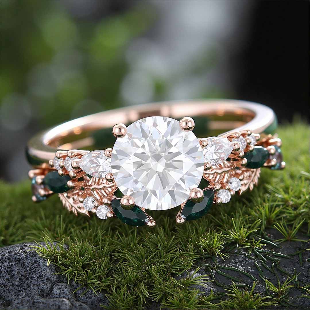 Round Cut Moissanite/Moss Agate/Zircon Engagement Rings In Sterling Silver