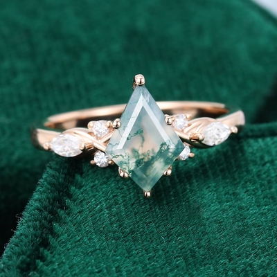1CT Kite Cut Moss Agate Engagement Rings In Sterling Silver