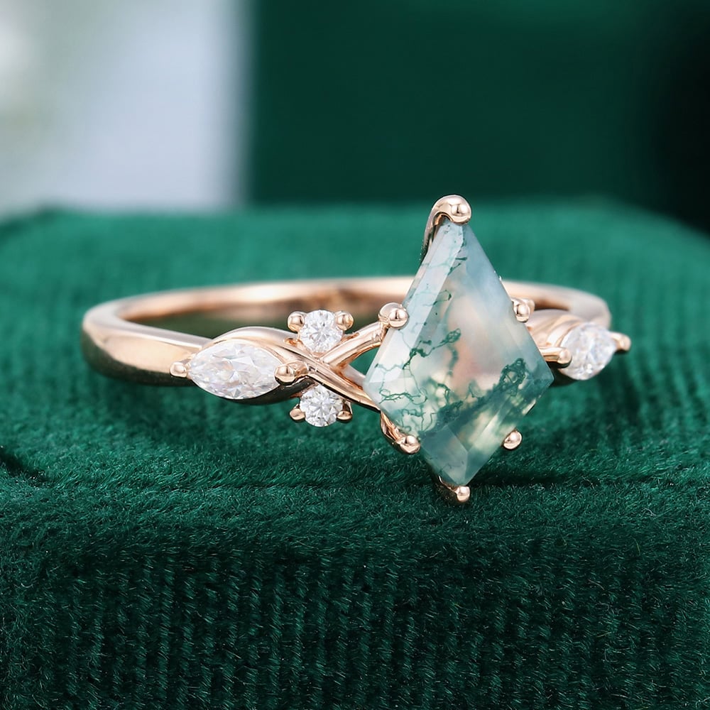 1CT Kite Cut Moss Agate Engagement Rings In Sterling Silver