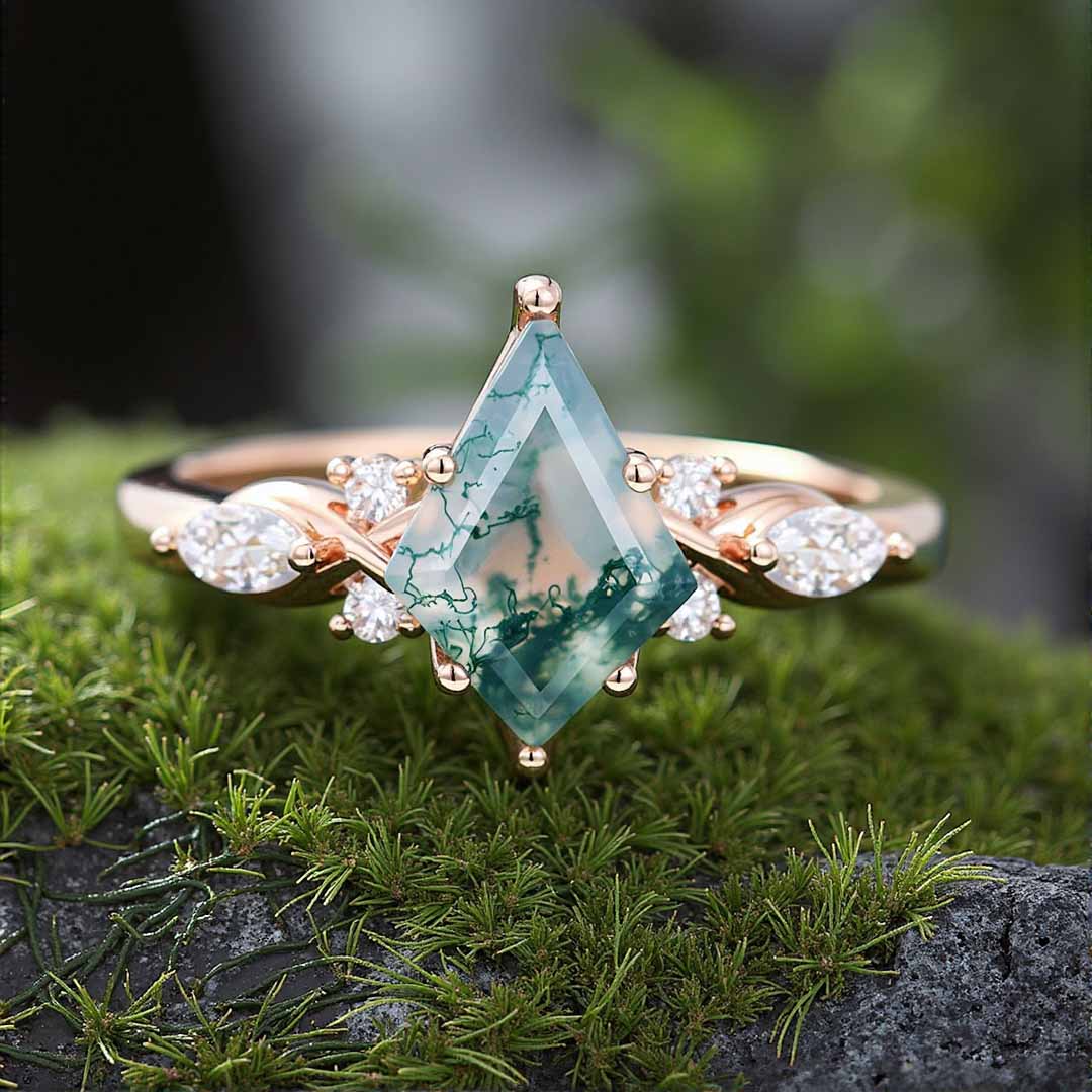 1CT Kite Cut Moss Agate Engagement Rings In Sterling Silver