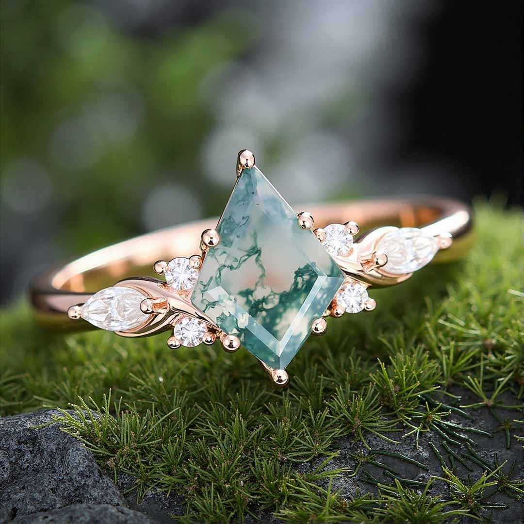 1CT Kite Cut Moss Agate Engagement Rings In Sterling Silver