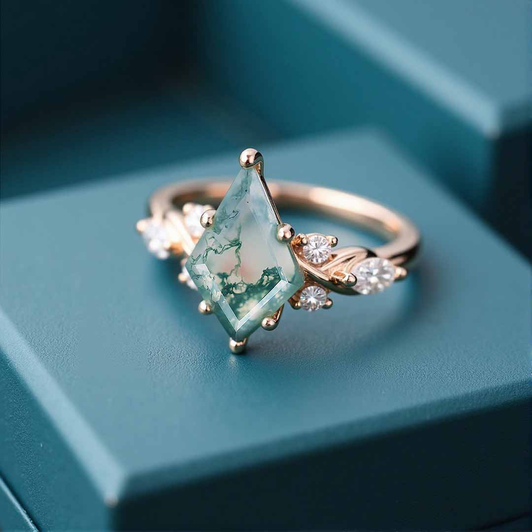 1CT Kite Cut Moss Agate Engagement Rings In Sterling Silver