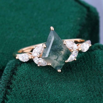 1CT Kite Cut Moss Agate Engagement Rings In Sterling Silver