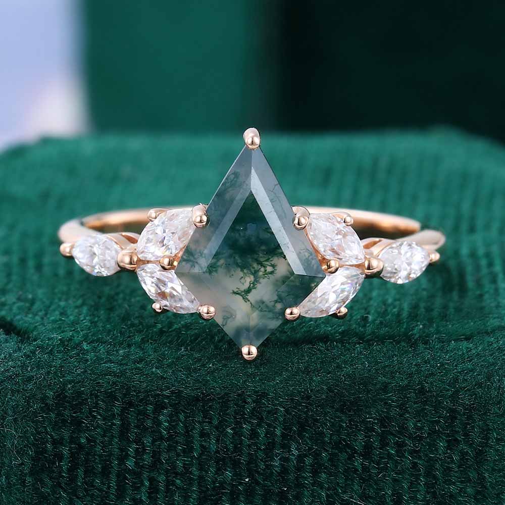 1CT Kite Cut Moss Agate Engagement Rings In Sterling Silver