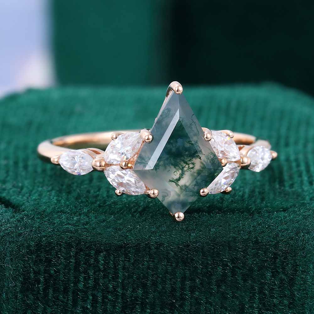 1CT Kite Cut Moss Agate Engagement Rings In Sterling Silver