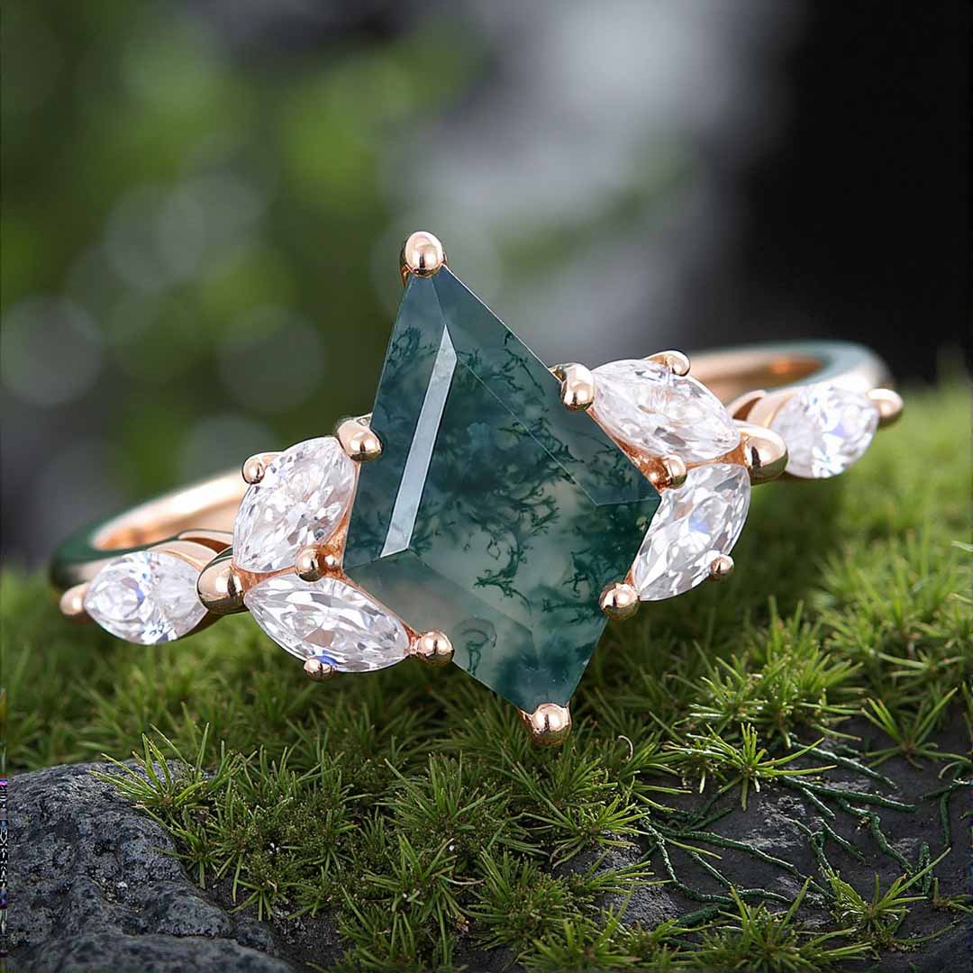 1CT Kite Cut Moss Agate Engagement Rings In Sterling Silver