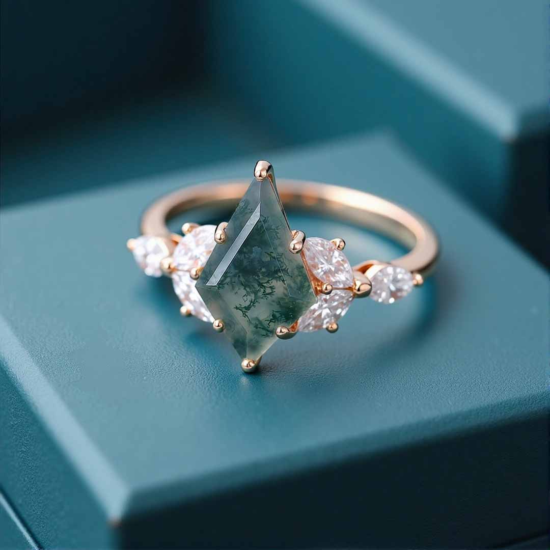 1CT Kite Cut Moss Agate Engagement Rings In Sterling Silver