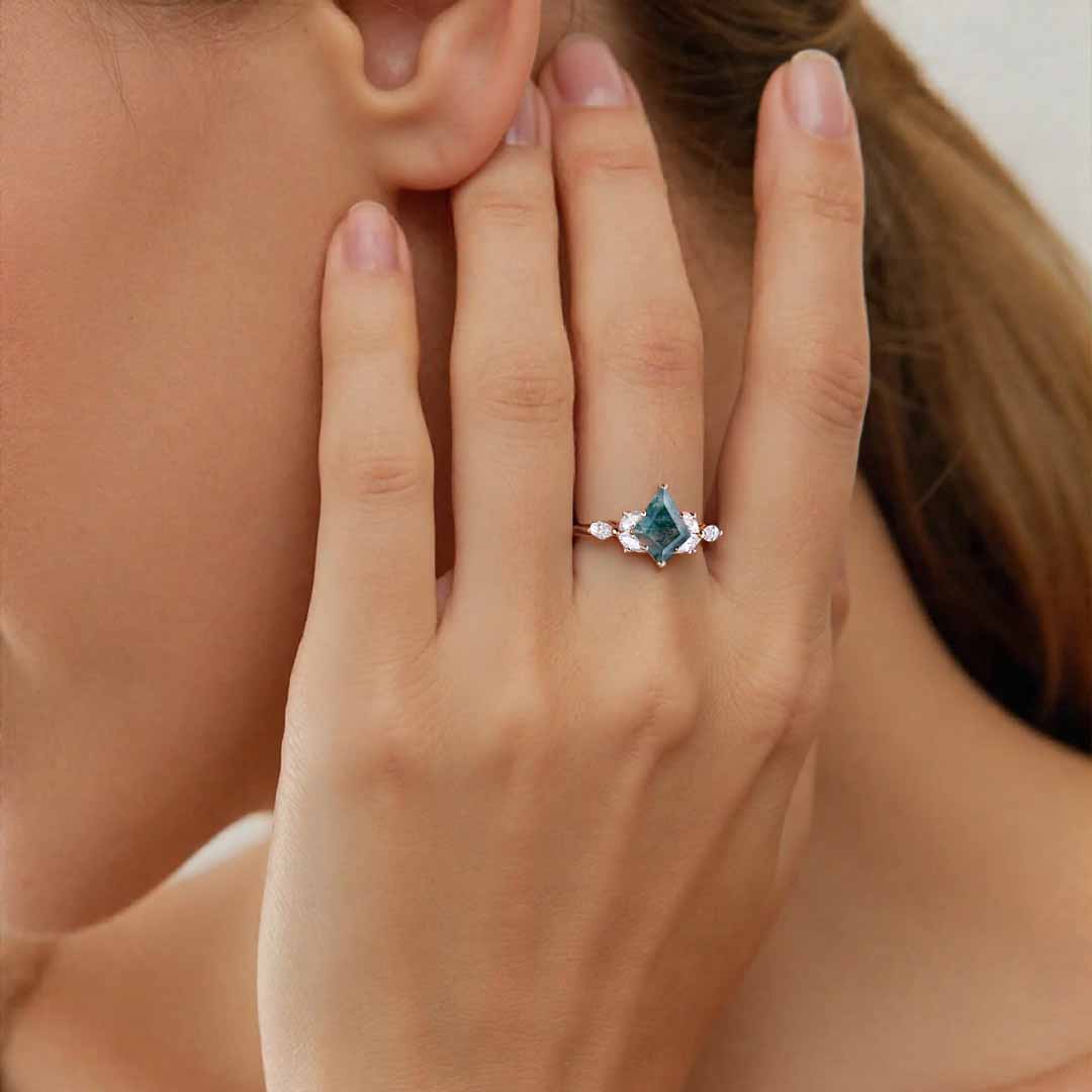 1CT Kite Cut Moss Agate Engagement Rings In Sterling Silver