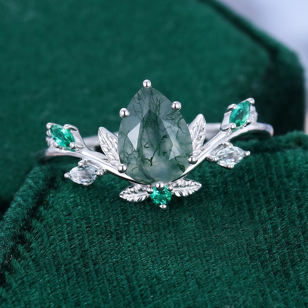 1CT Pear Cut Moss Agate Engagement Rings In Sterling Silver