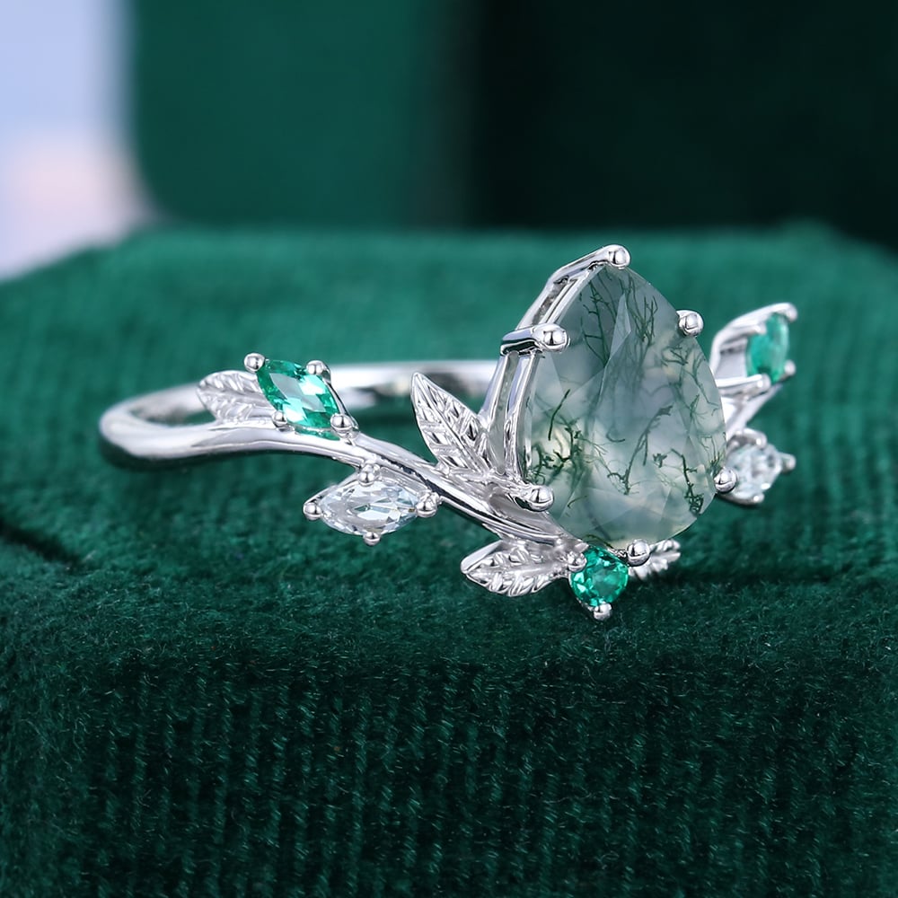 1CT Pear Cut Moss Agate Engagement Rings In Sterling Silver