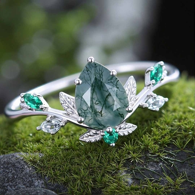 1CT Pear Cut Moss Agate Engagement Rings In Sterling Silver
