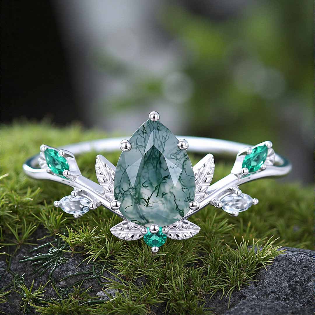 1CT Pear Cut Moss Agate Engagement Rings In Sterling Silver