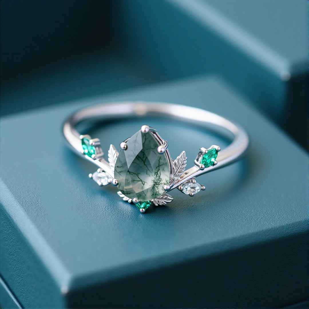 1CT Pear Cut Moss Agate Engagement Rings In Sterling Silver