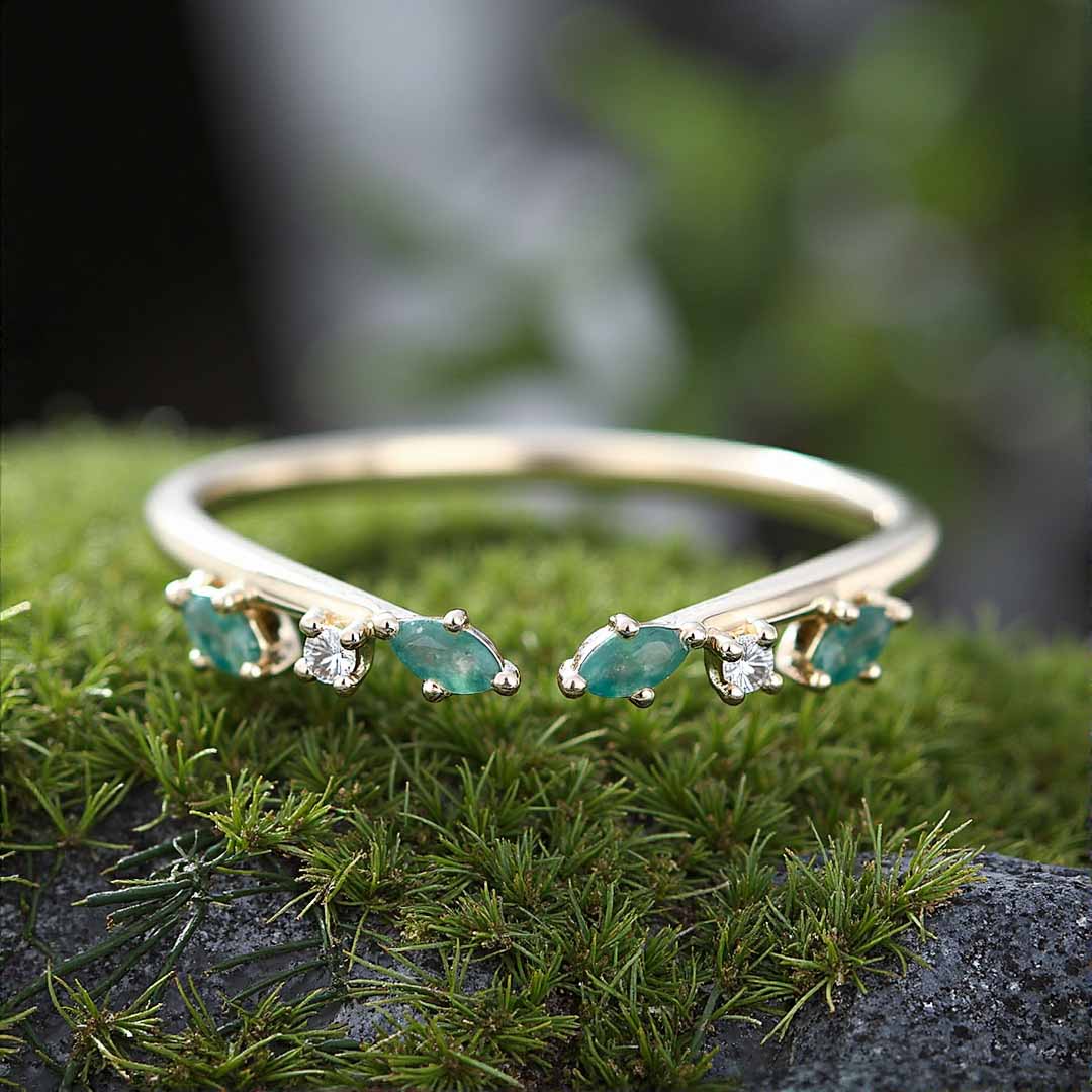 Pear Cut Moss Agate Wedding Bands In Sterling Silver