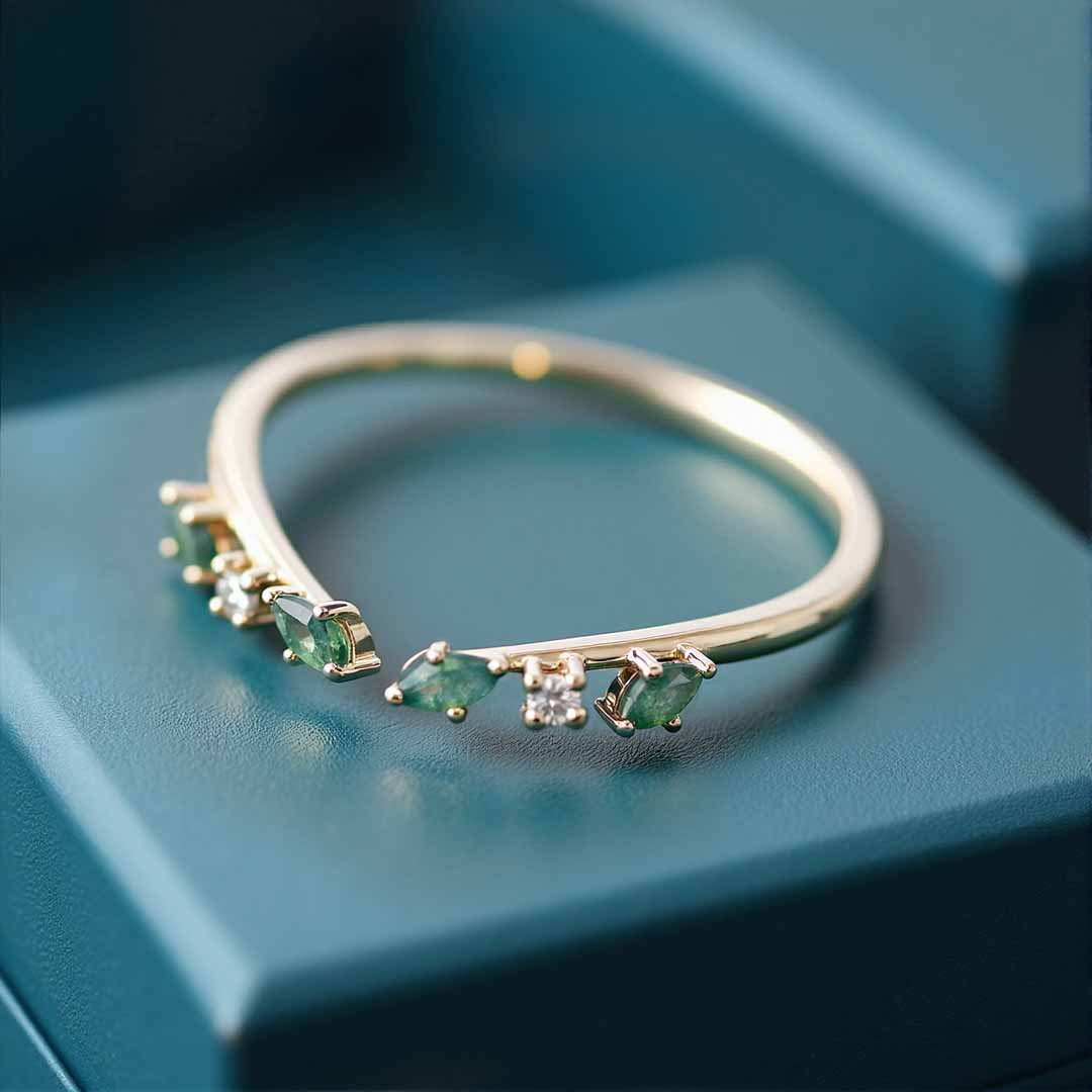 Pear Cut Moss Agate Wedding Bands In Sterling Silver