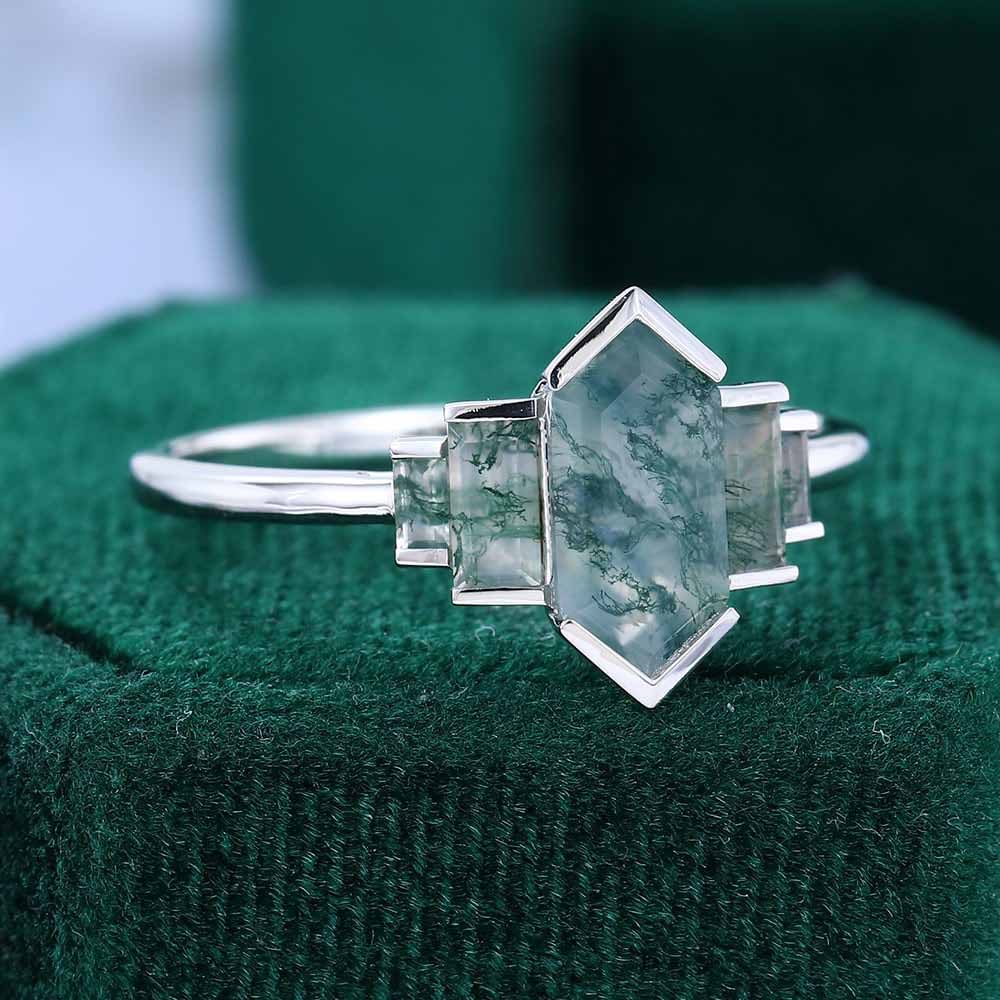 1CT Long Hexagon Moss Agate Engagement Rings In Sterling Silver